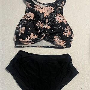 Black Floral Two-Piece Swim Set with Blush Flowers